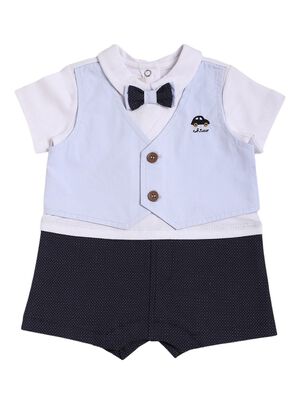 Boys Solid Blue Short Sleeve Knitted Romper